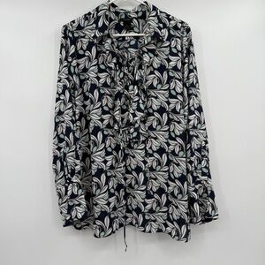 Ann Taylor Top Women XL Blue Floral Long Sleeve Ruffle Lace Up V Neck Office